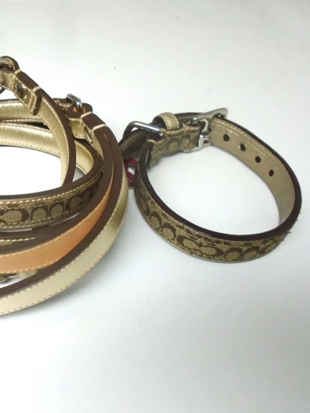 COACH GOLD LEATHER BROWN JACQUARD SIGNATURE C DOG PET COLLAR LEASH SET SIZE XS